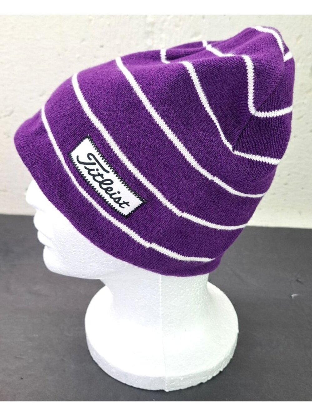 Titleist Purple Striped Beanie Hat 100% Cotton Winter Knit Cap Golf White Logo